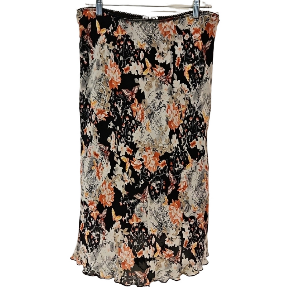 CLIO Skirt Sheer Floral Midi Black Cream Boho Career Womens Large